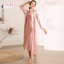 Kvinnors Sleepwear Hnmchief Silk Robes + Nightdress Two-Pite Luxury Women Sexy Lace V-Neck Sleeping Robe Långärmad Satinnightgown