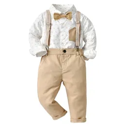 Baby Boy Clothing Set Dress Suit Gentleman Shirt With Bow Tie +byxor Set Party Wedding Handsome Kids Clothes 220218