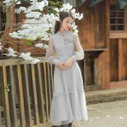Yosimi夏の女性のドレスエレガントな灰色のフルスリーブMIDI改良Cheongsam JacquardとMeshミッドカーフの女性vestido 210604