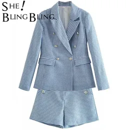 SheBlingBling Za Women Double Plaid Breasted Houndstooth Blazer Coat Short Vintage Female Outerwear Chic Outfits Sets 211006
