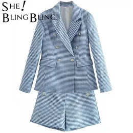 Shandlbling Za Kobiety Podwójna Platforma Plaid Breasted Houndstooth Blazer Płaszcz Krótki Vintage Kobiet Odzież Odzieży Outfits Setfits Sets 211006