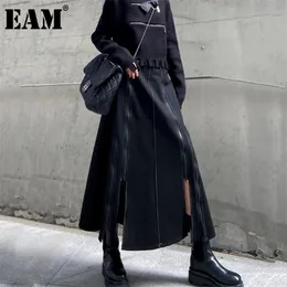 [eam] عالية الخصر الأسود وجيزة سستة تقسم طويل سبليت مشترك نصف الجسم تنورة المرأة الأزياء المد جديد ربيع الخريف 1DD1712 210311