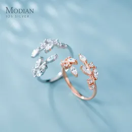 Rose Gold Color Shining AAA Zircon Leaves Ring for Women 925 Sterling Silver Wedding Engagement Jewelry Free Size 210707