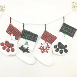 Christmas Stocking Pet Cat Paw Sock Cotton Red Grid Stockings Xmas Tree Hanging Pendent Children Candy Gift Bag