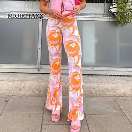 MIOJIOTAXX 2021 Spring Autumn Micro Flare Pants Floral Print Contrast High Waist New Trend Pants Women Bottoms Pants Polyester Q0801