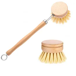 2021 Natural Wooden Long Handle Pan Pot Brush Dish Bowl Washing Cleaning Brush & Replacement Brush Heads Household Kitchen Cleaning Tools