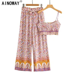 Rosa Blommigtryck Kvinnor Två Piece Outfits Strap Ärmlös Toppar Bohemian Wide Ben Byxor 2 Pieces Rayon Bomull Boho Sets 211105