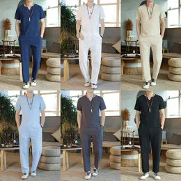 KOLMAKOV Japan Style Mens Cotton and Linen Short Sleeve T-shirt+Pant Sets Men Solid Sport Suit Casual Tracksuit Male Size M-5XL X0610