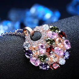 Nowa Moda Hot Multicolor Crystal Okrągły Naszyjnik Wisiorki Dla Kobiet Rose Gold C Cyrkon Biżuteria dla kobiet Prezenty