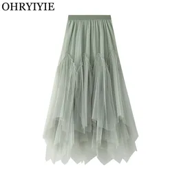 OHRYIYIE Women irregular Long Tulle Skirts Ladies High Waist Ankle-Length Tutu Maxi Beige Green Female Faldas Jupe Femme 210629
