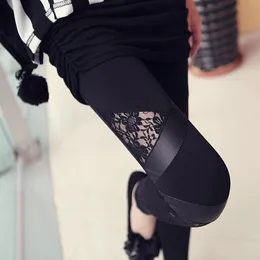 Women's Leggings Spring Autumn Leather Workout Charming Warm Lace Sexy PU Leggins Skinny Stretch Splicing Pants