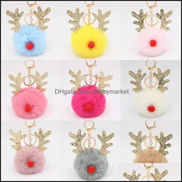 Key Rings Jewelry Fur Pom Keychain Fake Rabbit Hair Ball Porte Clef Pompom De Fourrure Fluffy Bag Charms Christmas Antler Keyring Drop Deliv