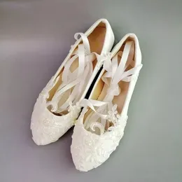 Flats lace shoes woman handmade plus size 41 42 sequines bridal wedding shoes bride ankle satin ribbon straps dancing party shoe