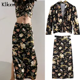 Klkxmyt set due pezzi donna chic moda stampa floreale pieghe camicetta corta blusas gonna midi lunga 2 set 210527