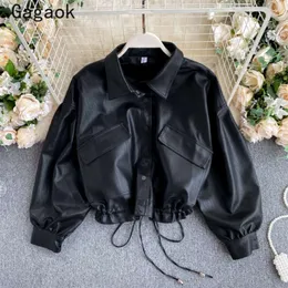 Gagaok PU Jacket Kobiety Wiosna Jesień Solidna Biuro Lady Lace Up Lapel Pełne Luźne Kurtki Moda Retro Dziki BF Płaszcze 210928