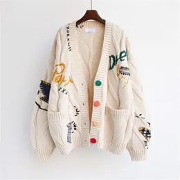 冬の服のセーターカーディガンカジュアルY2Kスタイルの手紙刺繍Sルーズショートニットトップコート210914