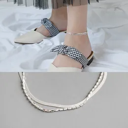 FlyLeaf 925 Sterling Silver Anklets för Kvinnor Enkel Dubbelskikt Fashion Chain Personlighet Ankelben Fin Smycken Enkelbandje