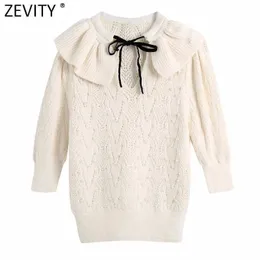 Zevity Women Sweet Black Bow Tied Ruffles Knitting Sweater Female Chic Pearl Beading Puff Sleeve Pullovers Hollow Tops S671 210603