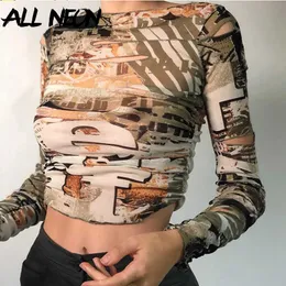 ALLNeon E-girl Vintage Printing Holloe Out Long Sleeve Crop Tops Harajuku O-neck Ruched Slim T-shirts Autumn Streetwear Y2K Tees X0628