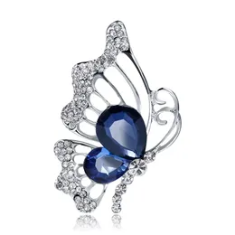 Full Rhinestones Zinc Alloy Butterfly Broscher med dubbla blå kristaller för kvinnor Brosch Pins smycken