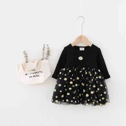 Baby Girl 2021 Spring Autumn Long Sleeve Dress Cute Korean Mesh Stitching Dress for Girl Kids Daisy Princess Dress G1129