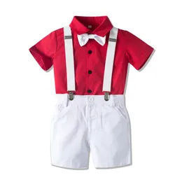 Clothing Sets Boys Formal Clothes Toddler Kids Red Shirt + White Shorts With Belt Fashion Baby Boy Party Suits