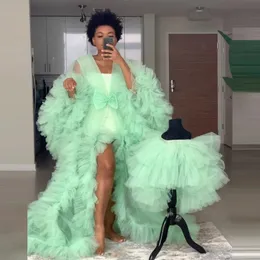 Green Prom Mint Tulle -klänningar Robes Fullärmar Tiered Se genom moderskap Photoshoot Dress for Baby Shower Illusion aftonklänningar