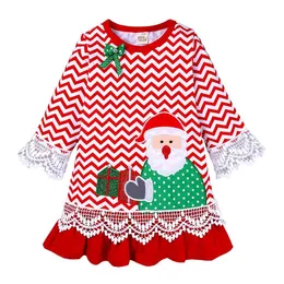 Christmas Girls Dresses Embroidered Baby Girl Dress Lace Sleeve Children Princess Dresses Striped Kids Clothes Xmas Baby Clothing DW4800