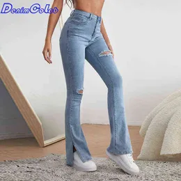 DenimColab High Waist Elastic Micro Flared Pants Jeans Women Split Hole Skinny Pencil Casual Stretch Office Lady 211129