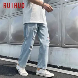 Ruihuo Ankle-Length Ripped Jeans韓国のファッション男性ジーンズ大カジュアルマンジーンバギーM-3xl 2021秋新着到着G0104
