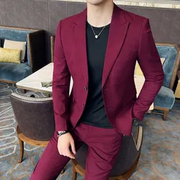 (Jacket+Pants) Classic Men Suit Set High-end Customized Solid Color Slim Business Dress Groom Wedding Clothing plaid Tuxed 2pcs X0909