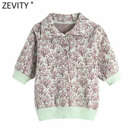 Zevity女性ヴィンテージ花柄プリントジャカードニットセーター女性ラペルカラー半袖プルオーバーシックブランドトップスSW808 210603