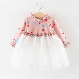 Girls' Dresses Spring Autumn Long Sleeve Cartoon Printed Mesh Patchwork Sweet Princess Dress For 1-4Y 210528