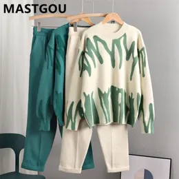 MASTGOU Cashmere Women Sweater Tracksuits Tie Dye Knit Two Pieces Pencil Pants Sets Oversized Loose Sweaters Suits Clothing 220315