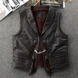 Men's Vests Genuine Real Leather Vest Men Motorcycle Biker Cowhide Waistcoat Suit Collar Sleeveless Jacket Metal Chain Punk Coat