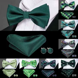 Hi-Tie Christmas Green Bow Ties for Men Silk Butterfly Tie Bow Tie Hanky Cufflinks Set Wedding Party Paisley Plaid Solid Bowtie Y1229
