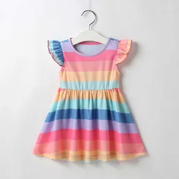 40 # Barnflickor Casual Dresses Fly Sleeve Round Neck Striped Rainbow Princess Pagant Gown Födelsedagsfest Klänning Vestidos Q0716