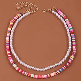 2 st / set Kvinnors Boho Fashion Multicolor Polymer Clay Chain Halsband Ladies Trendy White Pearl Necklace Party Smycken Gåvor
