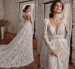 Vestido Vintage Spitze Boho Hochzeitskleid abnehmbare lange Ärmel 2022 Robe Sexy Strand Braut Strand Sommer Brautkleider Open Back