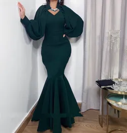 Elegant Dark Green Mermaid Evening Dresses Satin Puffy Long Sleeves V-Neck Formal Prom Gowns Robe De Soirée 2022 Floor Length Special Occasion Dress Wear