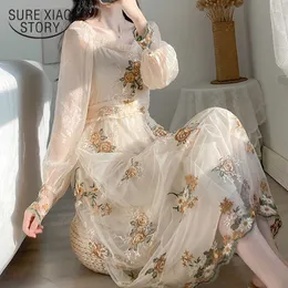 Hög midja lång klänning långärmad blommig broderi party klänning mesh söta klänningar lyktor ärm fransk stil vestido 10120 210528