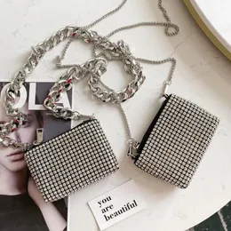 silver color Thick Chain Lipstick Bag Summer Mini Flash Small Square Messenger Bags Full Diamond Cute purse Chain