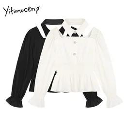 Yitimuceng Hollow Out White Blouse Women Shirts Slim Solid Spring Fashion French Clothes Long Sleeve Puff Sleeve Tops 210601