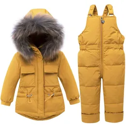 Kappa toddler pojkar flicka kläder sätter barns dunjacka vinter super varm hooded riktig päls barn kostym snö kostym tjock