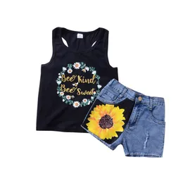 Girls Clothing Set Summer Floral Tank Tops+Denim Pants Outfits Kids Boutique Clothes 1-4T Children 2 PC Suit Fashion