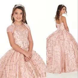 Söt Rose Gold Sequined Lace Girls Pageant Dresses Crystal Pärled Blush Pink Kids Prom Dress Birthday Party Gowns For Little Girl With Jacket