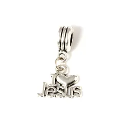 Mic .50pcs / lot dangle forntida silver "Jag älskar Jesus" Religiös charm Big Hole Pärlor passar European Charm Bracelet Smycken 27x16mm