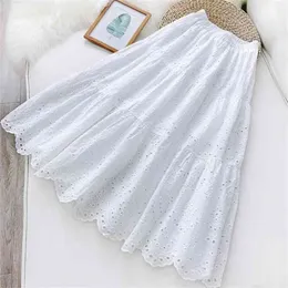 Letnie Koreańskie Kobiety Hollow Haft Casual Spódnica Solid Color White Black Literact Temperament Pettiskirt Free 210619