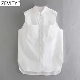 Zevity Women Fashion Double Pockets Patch Hem Irregular White Smock Blouse Office Lady Sleeveless Shirts Chic Blusas Tops LS9022 210603