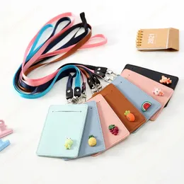 PU Leather Women Cute Fruit ID Credit Card Holder Wallet Students Bus Card Case Lanyard Girl Cartoon Identity Badge Cards Cover